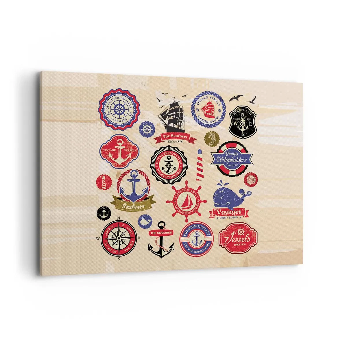 Obraz na płótnie - Kolekcja marynistycznych grafik i symboli na jasnym tle - 100x70cm - Żeglarskie braterstwo - Nowoczesna dekoracja ścienna do salonu, kuchni i sypialni ARTTOR