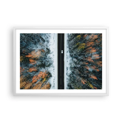 Plakat w białej ramie - Przeciąć zimowy las - 70x50 cm