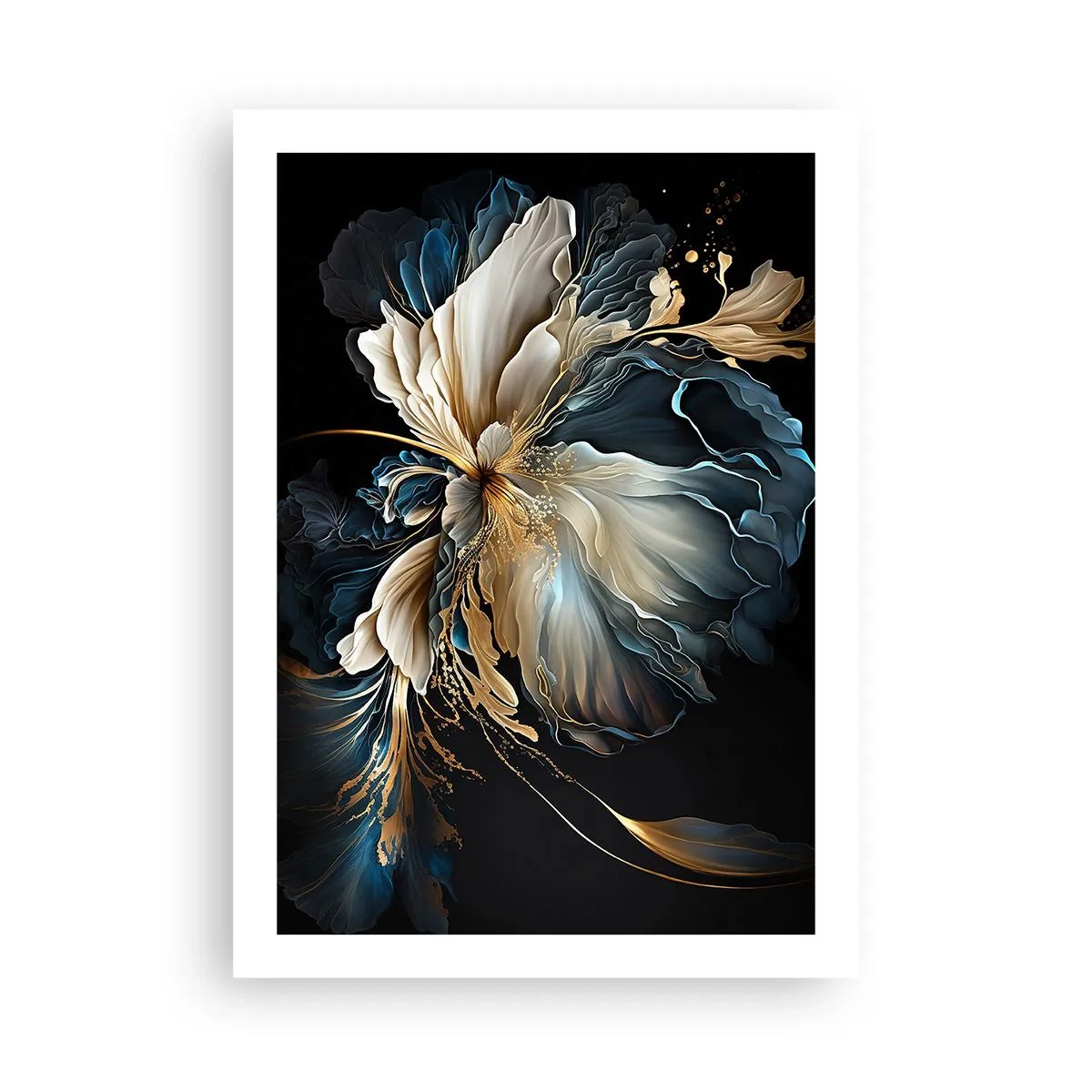 Plakat - Elegancka abstrakcyjna kompozycja kwiatowa w złocie i granacie - 50x70cm - Baśniowy kwiat paproci - Nowoczesna dekoracja ścienna do salonu, kuchni i sypialni ARTTOR