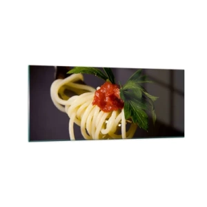 Obraz na szkle - Makaron spaghetti na widelcu z sosem pomidorowym i natką pietruszki - 120x50cm - Smakowity kęs - Nowoczesna dekoracja ścienna do salonu i sypialni ARTTOR