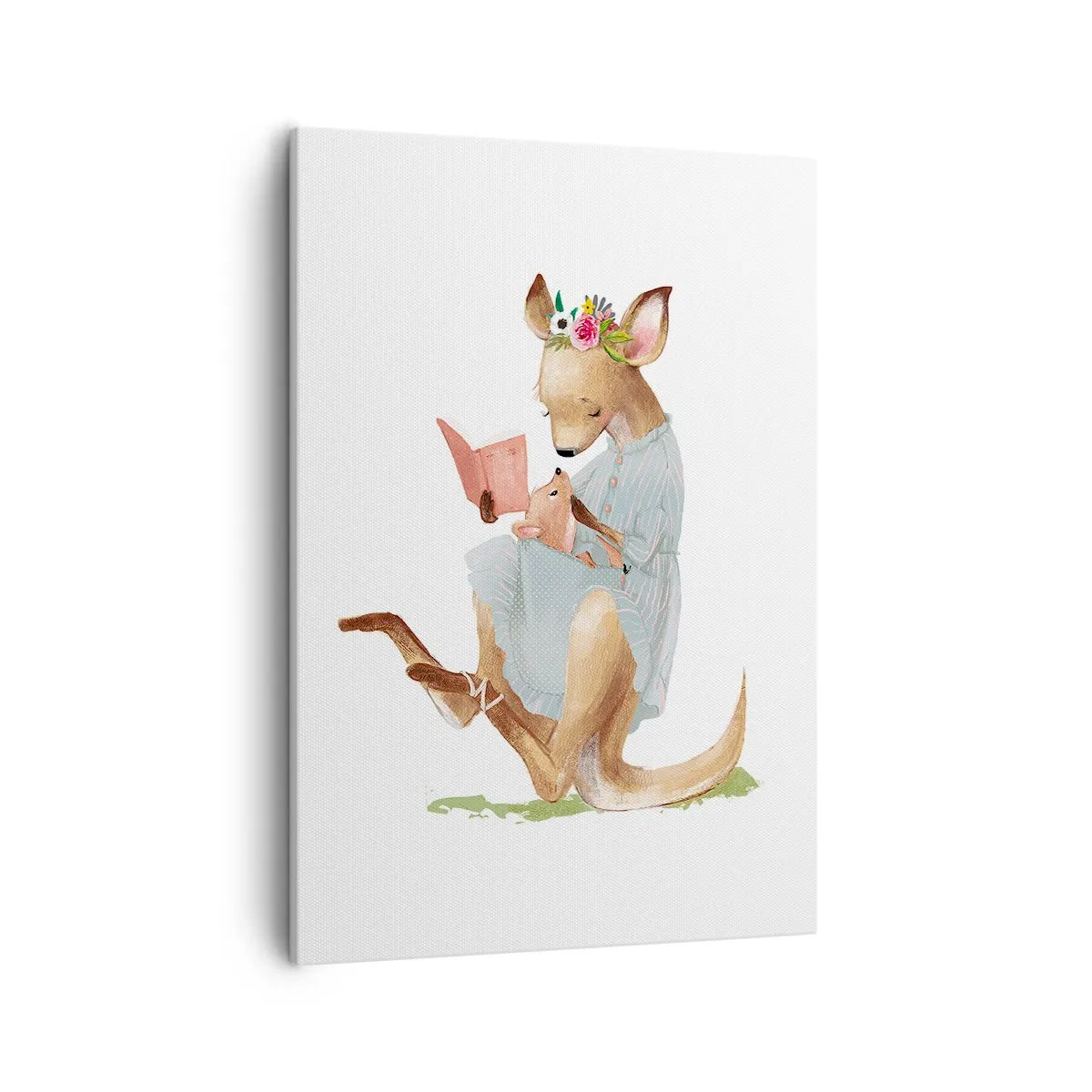 Obraz na płótnie - Ilustracja kangurzycy w sukience czytającej książkę swojemu małemu kangurkowi - 50x70cm - Poczytaj mi, mamo - Nowoczesna dekoracja ścienna do salonu, kuchni i sypialni ARTTOR