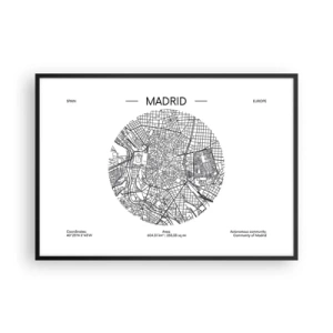 Plakat w czarnej ramie - Mapa Madrytu w minimalistycznym, czarno-białym stylu - 100x70cm - Anatomia Madrytu - Nowoczesna dekoracja ścienna do salonu i sypialni ARTTOR