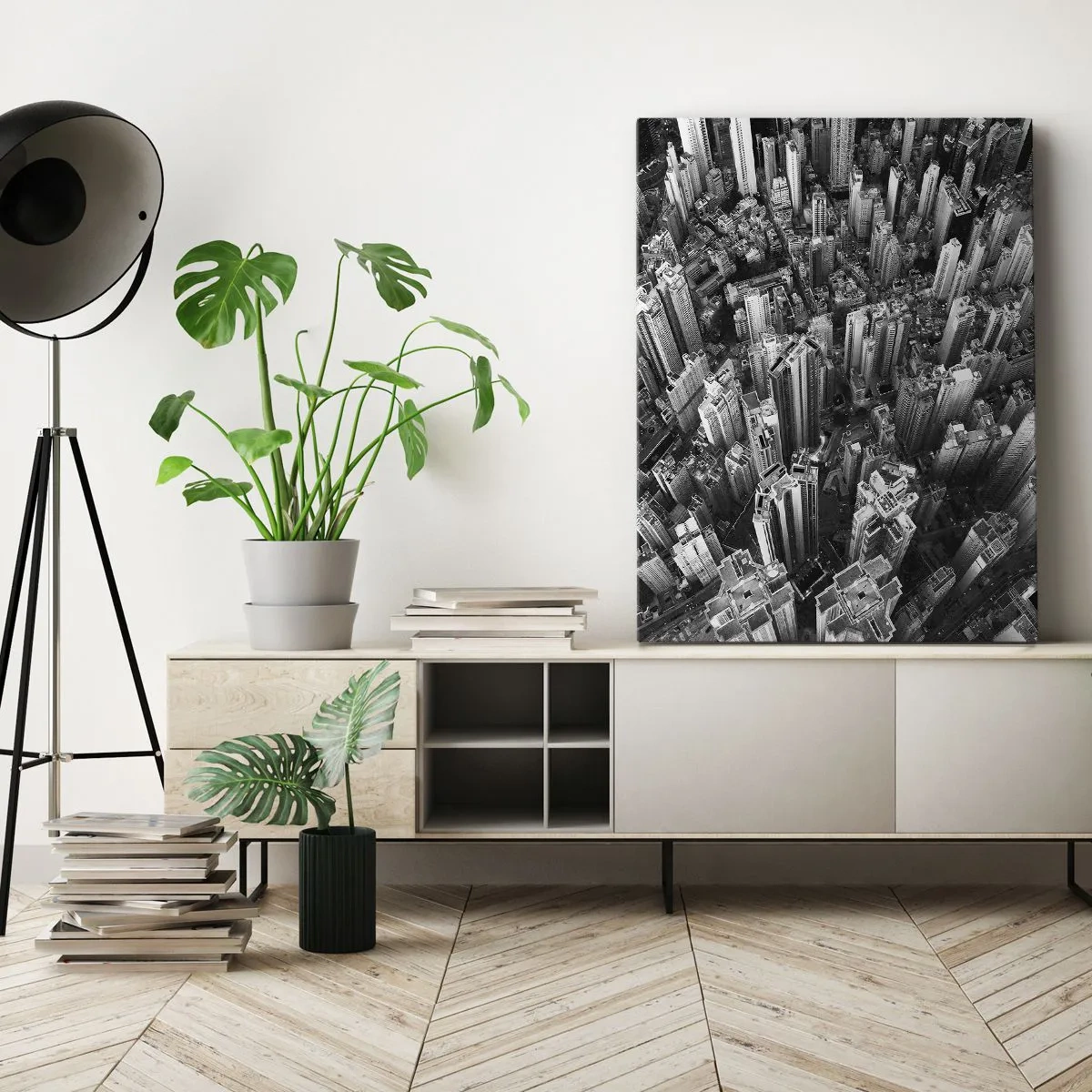 Obraz na płótnie - Czarno-biały widok miasta z lotu ptaka - 80x120cm - Wciąż wyżej i wyżej - Nowoczesna dekoracja ścienna do salonu i sypialni ARTTOR