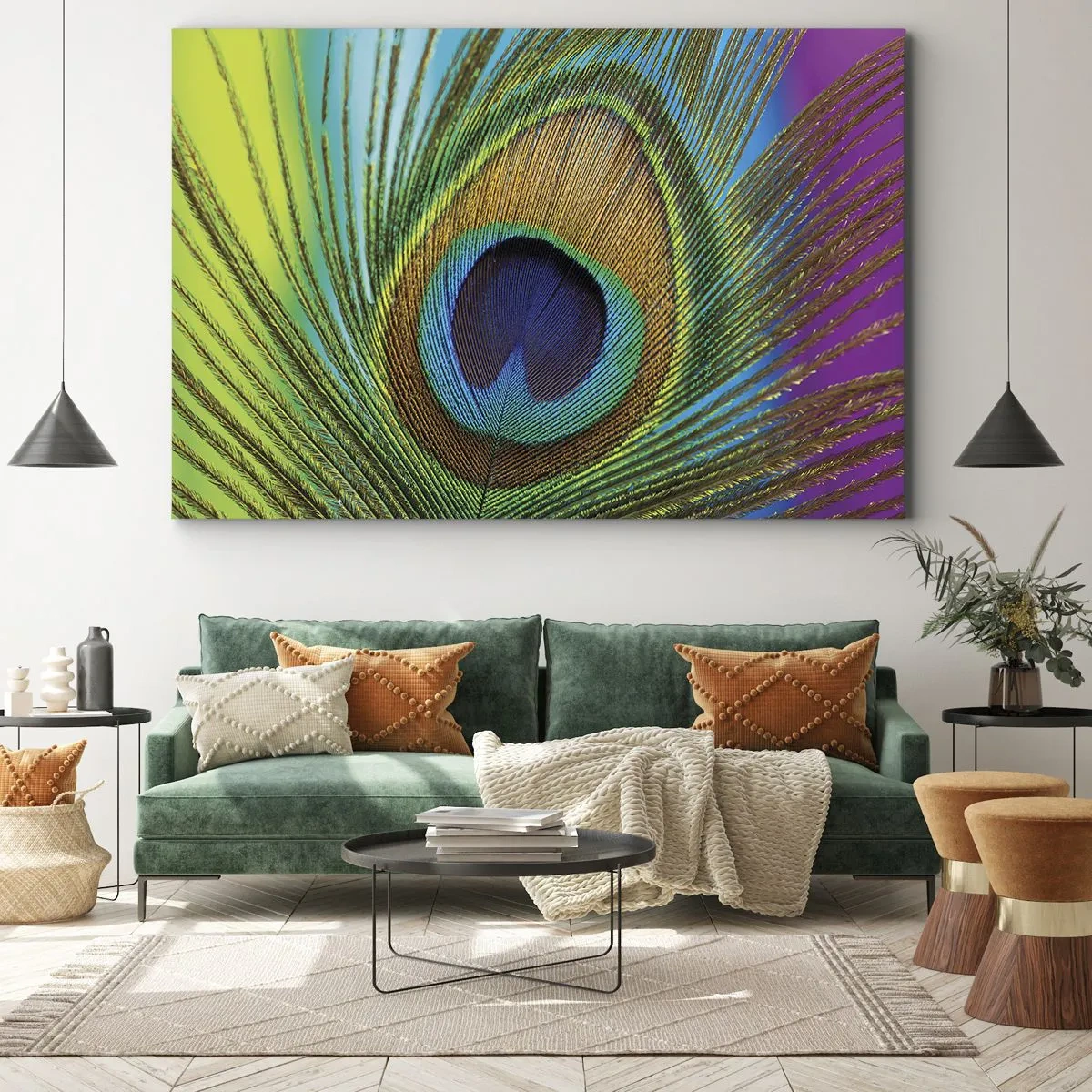 Obraz na płótnie - Zbliżenie na pióro pawia z wyrazistymi kolorami - 70x50cm - Oko w oko - Nowoczesna dekoracja ścienna do salonu i sypialni ARTTOR