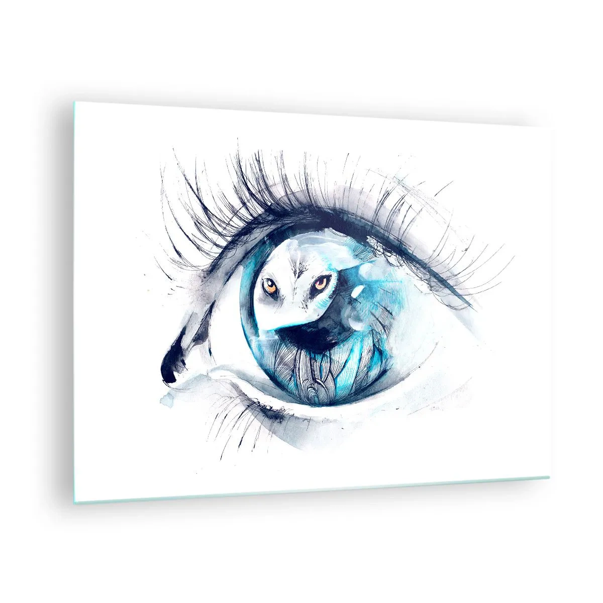 Obraz na szkle - Kobiece oko z motywem sowy w stylu akwareli - 70x50cm - Oko w oko z dzikością - Nowoczesna dekoracja ścienna do salonu i sypialni ARTTOR