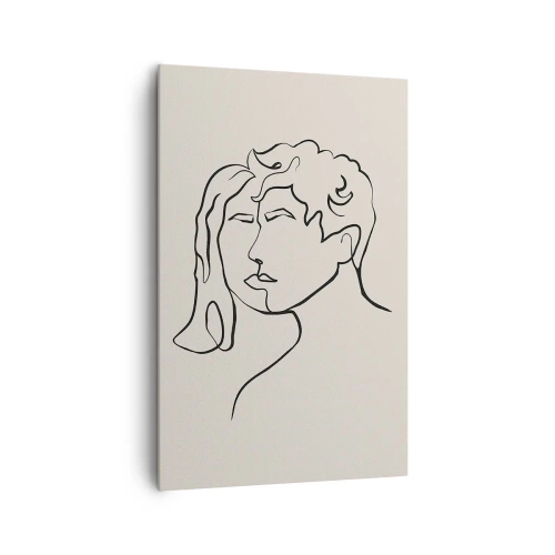 Obraz na płótnie - Minimalistyczna ilustracja twarzy kobiety i mężczyzny w czerni na jasnym tle - 80x120cm - I stała się jedność - Nowoczesna dekoracja ścienna do salonu i sypialni ARTTOR