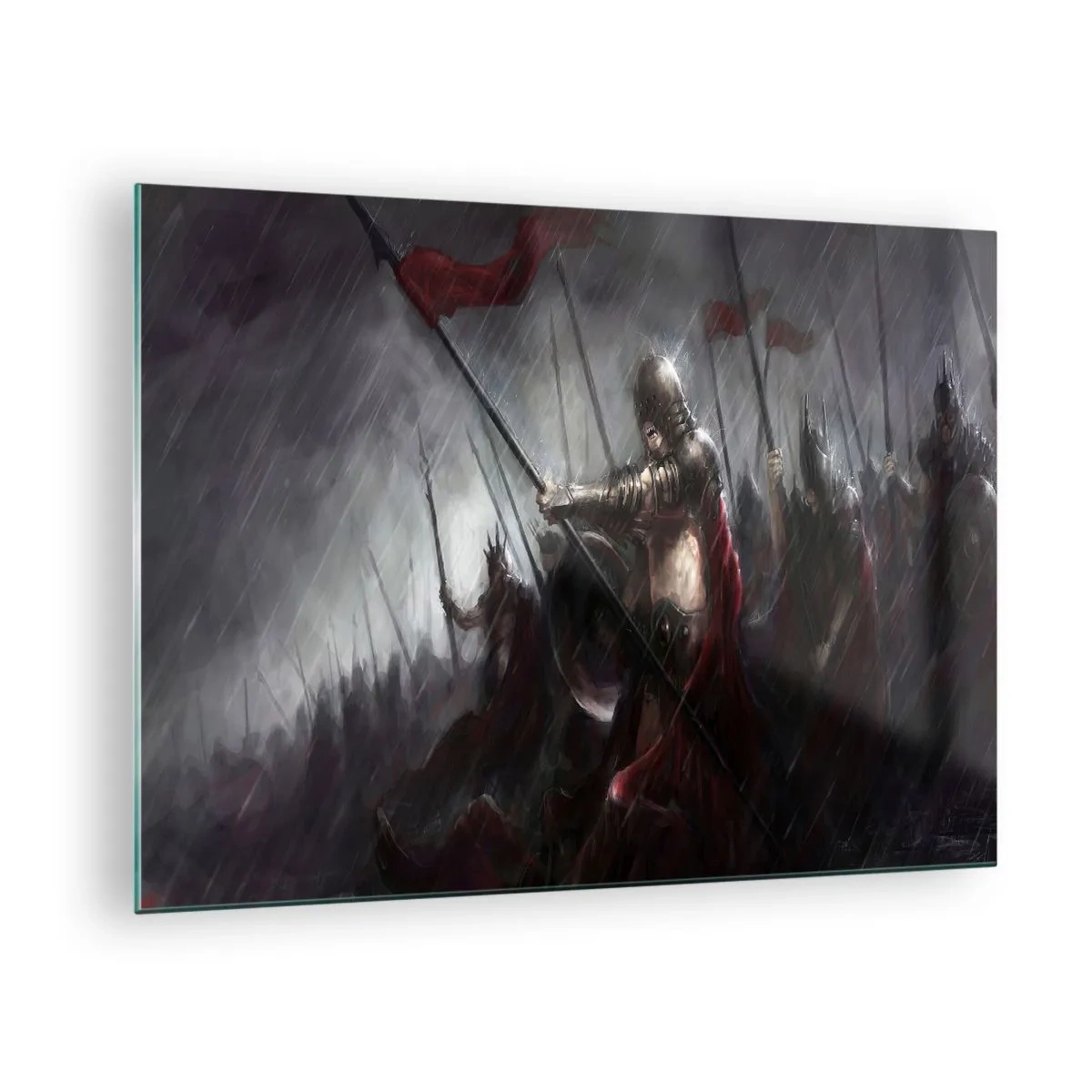 Obraz na szkle - Rycerze w deszczu na polu bitwy w pełnym rynsztunku - 70x50cm - Przechodniu, powiedz Sparcie… - Nowoczesna dekoracja ścienna do salonu i sypialni ARTTOR