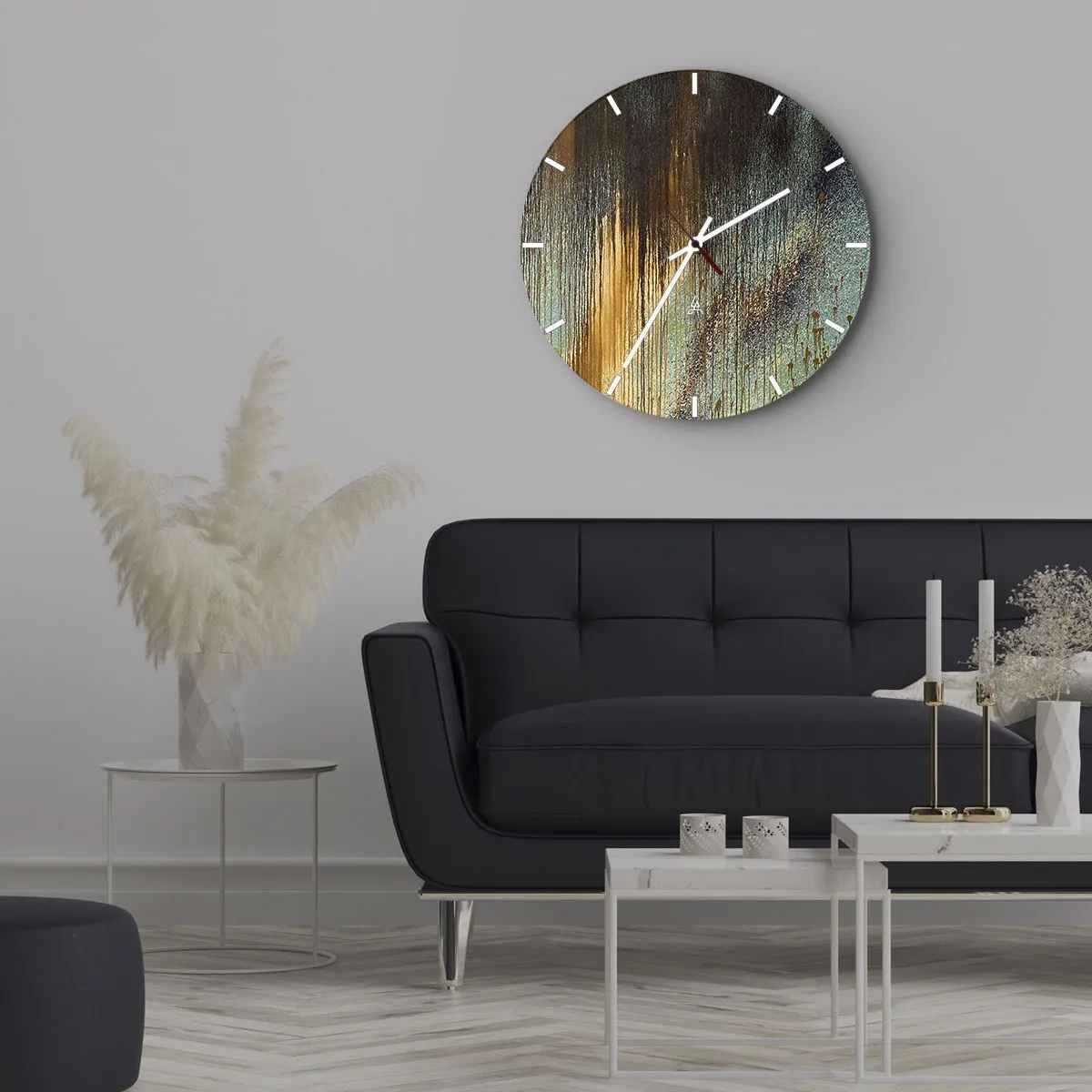 Zegar ścienny - Abstrakcyjne smugi farby w złocie, błękicie i czerni - 30x30cm - Nieprzypadkowa barwna kompozycja - Nowoczesna dekoracja ścienna do salonu, kuchni i sypialni ARTTOR