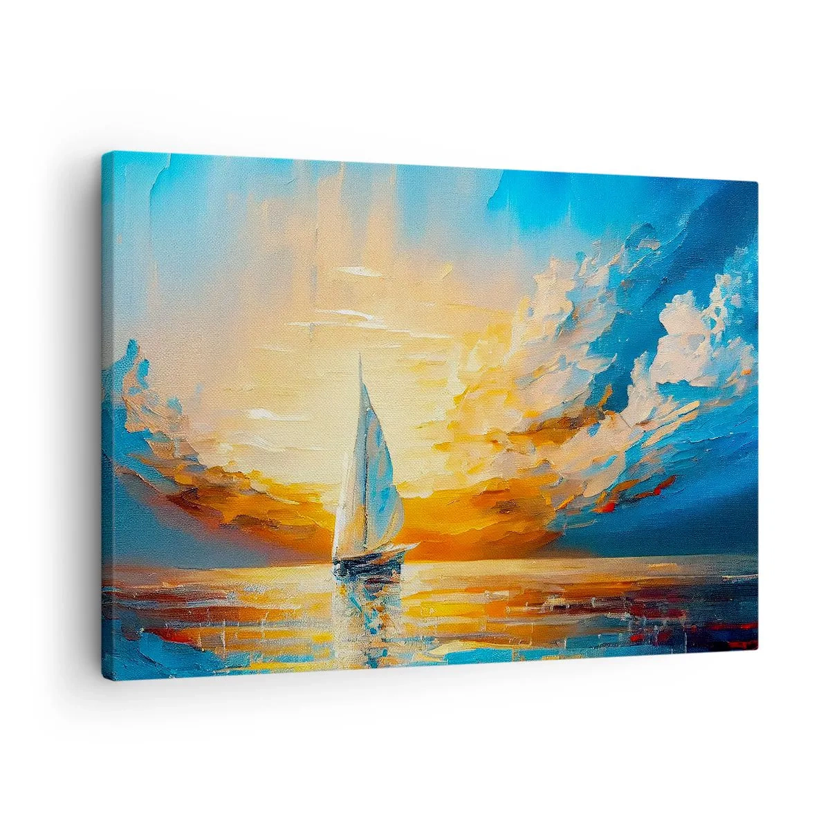Obraz na płótnie - Żaglówka na tle zachodzącego słońca i barwnych chmur - 70x50cm - Żegluga w złocie - Nowoczesna dekoracja ścienna do salonu i sypialni ARTTOR