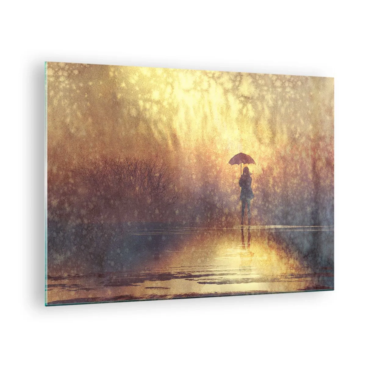 Obraz na szkle - Postać z parasolem w świetle zachodzącego słońca i deszczu - 70x50cm - Czuję, że ktoś na mnie patrzy - Nowoczesna dekoracja ścienna do salonu i sypialni ARTTOR