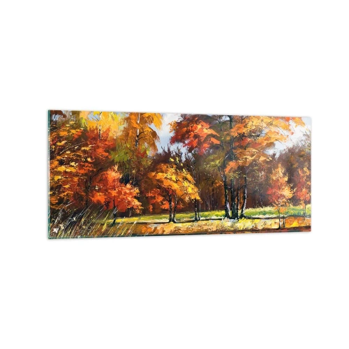 Obraz na szkle - Jesienny pejzaż z kolorowymi drzewami i stawem - 120x50cm - Pejzaż w złocie i brązie - Nowoczesna dekoracja ścienna do salonu i sypialni ARTTOR