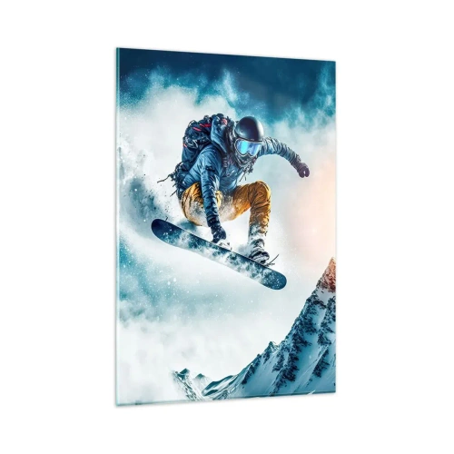 Obraz na szkle - Snowboardzista w locie nad ośnieżonymi górami - 80x120cm - Ekstremalne emocje - Nowoczesna dekoracja ścienna do salonu i sypialni ARTTOR