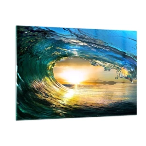 Obraz na szkle - Oceaniczna fala uchwycona w świetle zachodzącego słońca - 120x80cm - W szmaragdowo-złotym krysztale - Nowoczesna dekoracja ścienna do salonu, kuchni i sypialni ARTTOR