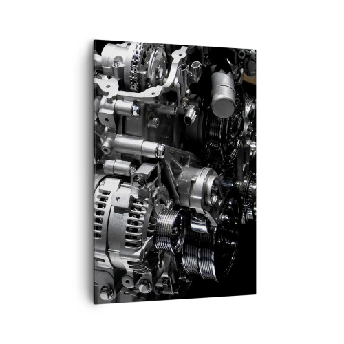 Obraz na płótnie - Metalowe części silnika w zbliżeniu na czarnym tle - 70x100cm - Stalowy, piękny, silny - Nowoczesna dekoracja ścienna do salonu i sypialni ARTTOR