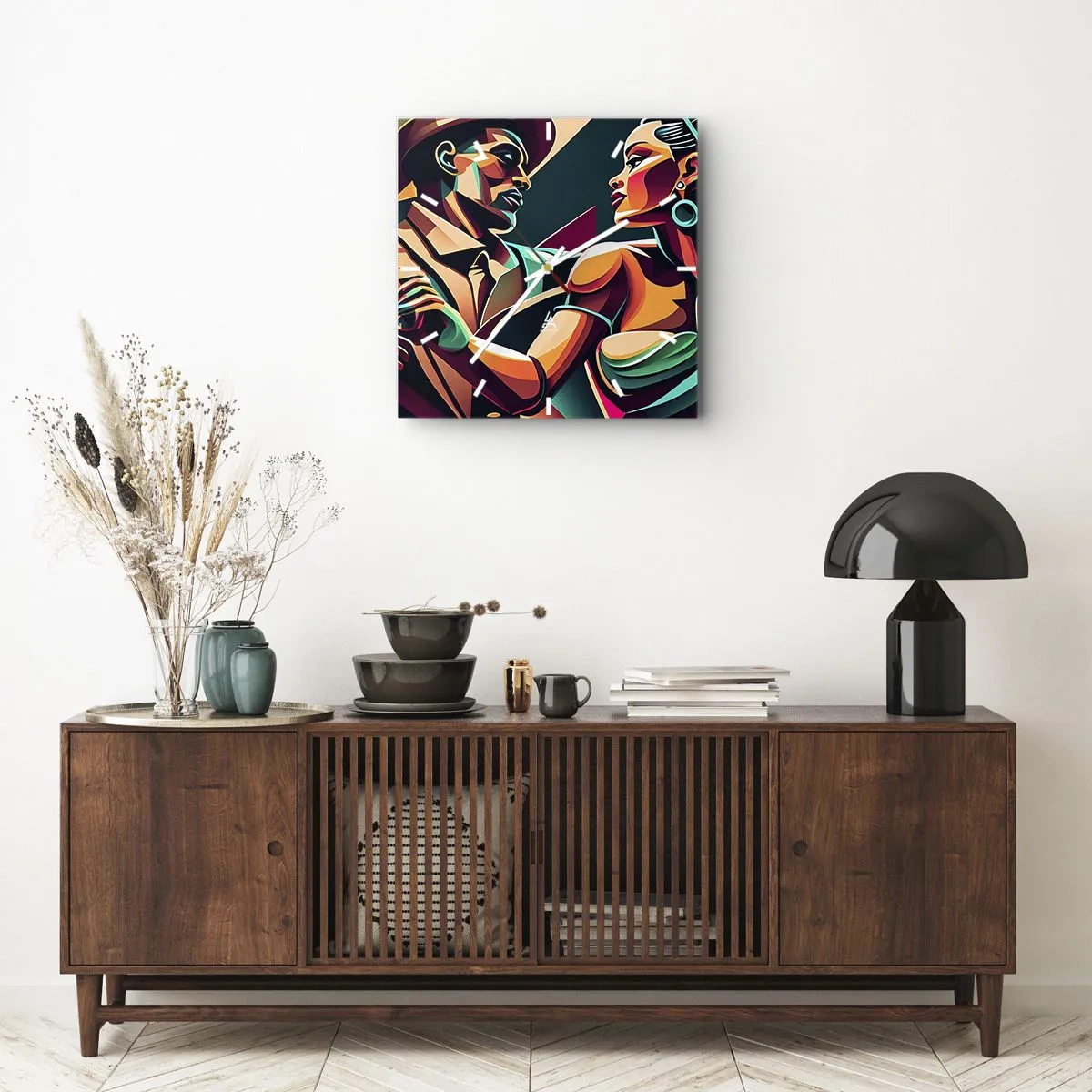 Zegar ścienny - Stylizowana para tańcząca w żywych, geometrycznych barwach - 30x30cm - W rytmie serca - Nowoczesna dekoracja ścienna do salonu i sypialni ARTTOR