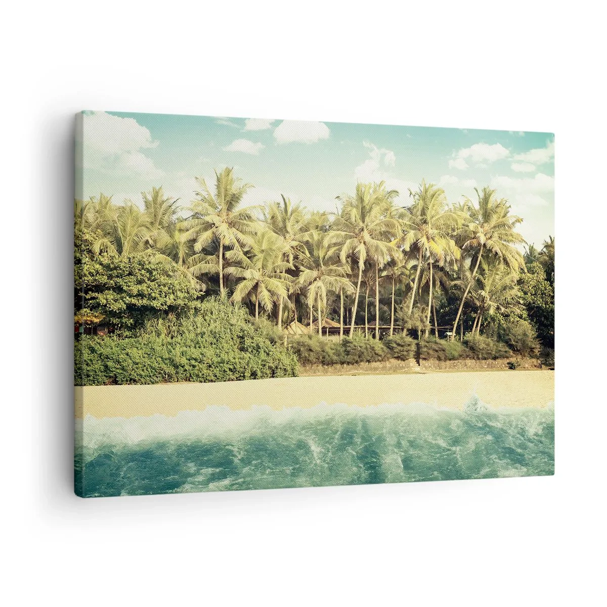 Obraz na płótnie - Tropikalna plaża z palmami i turkusowym morzem - 70x50cm - A może tutaj? - Nowoczesna dekoracja ścienna do salonu i sypialni ARTTOR