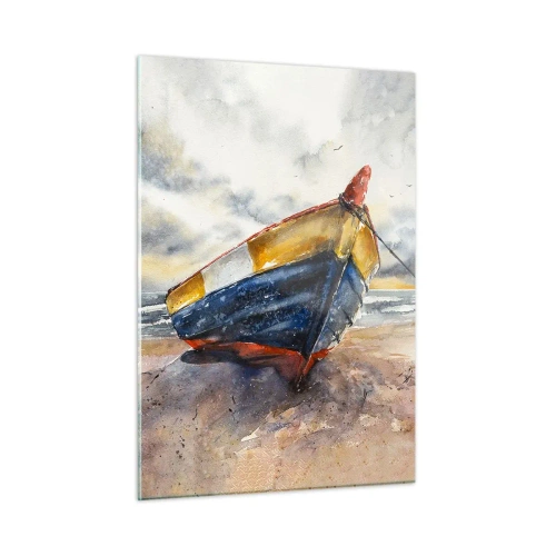 Obraz na szkle - Kolorowa łódź na plaży podczas zachmurzonego dnia - 50x70cm - Odpoczynek na brzegu - Nowoczesna dekoracja ścienna do salonu, kuchni i sypialni ARTTOR