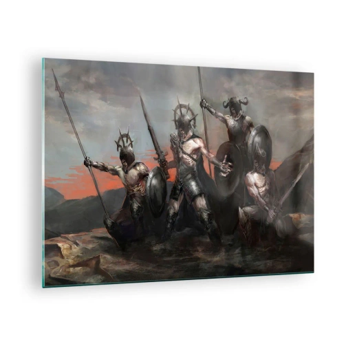 Obraz na szkle - Wojownicy z włóczniami i tarczami na tle czerwonego nieba - 70x50cm - Z tarczą lub na tarczy - Nowoczesna dekoracja ścienna do salonu i sypialni ARTTOR