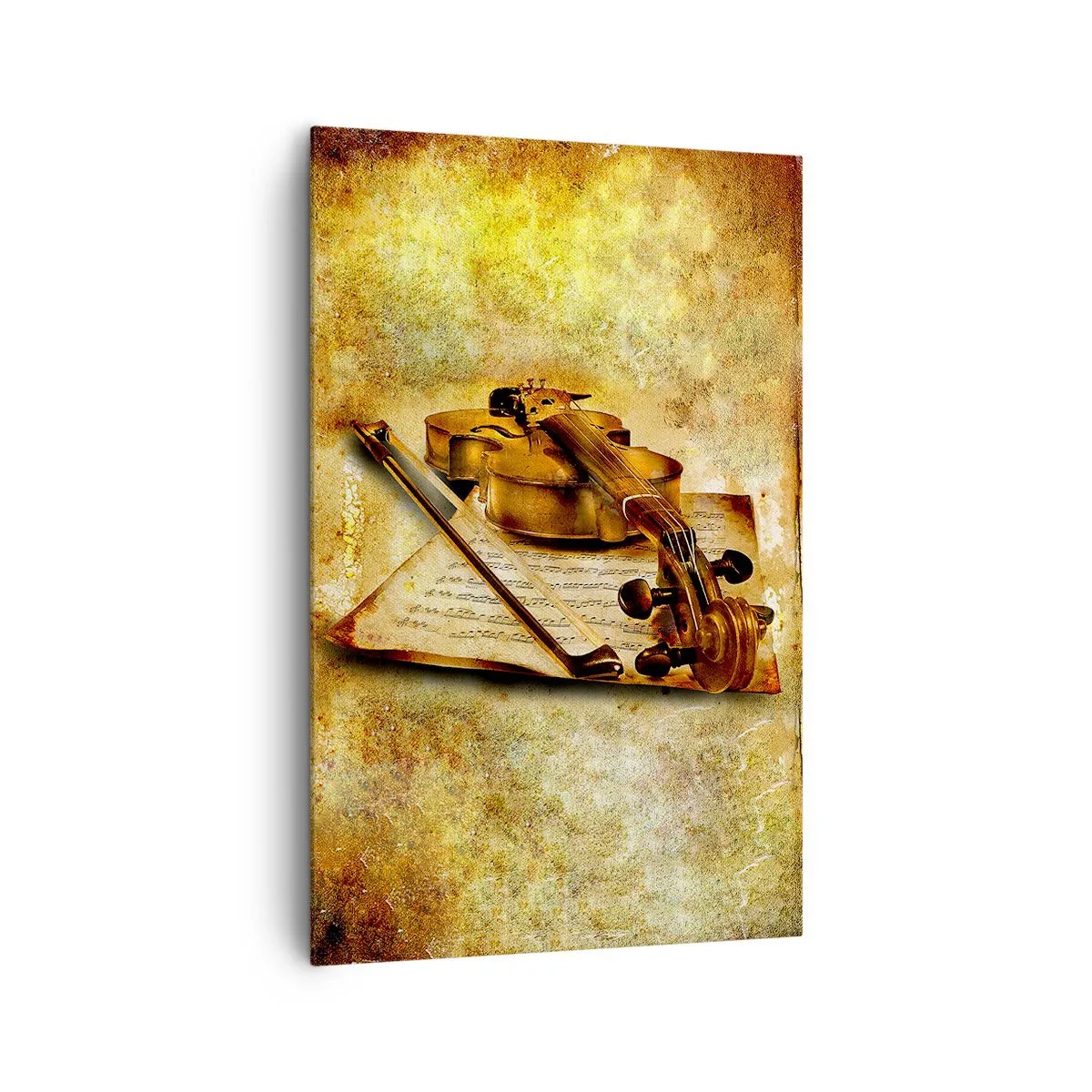 Obraz na płótnie - Skrzypce z nutami na tle w stylu vintage w ciepłych odcieniach - 80x120cm - Wirtuoz potrzebny od zaraz - Nowoczesna dekoracja ścienna do salonu i sypialni ARTTOR