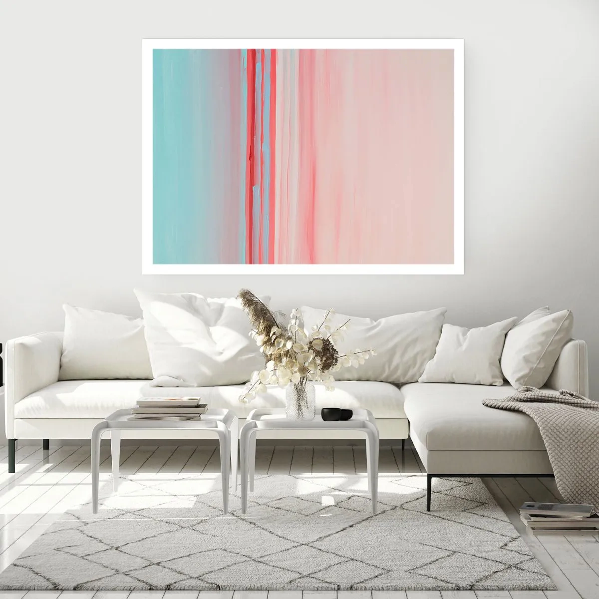 Plakat - Pastelowe linie w odcieniach różu i błękitu w minimalistycznej kompozycji - 100x70cm - Abstrakcja o świcie - Nowoczesna dekoracja ścienna do salonu i sypialni ARTTOR