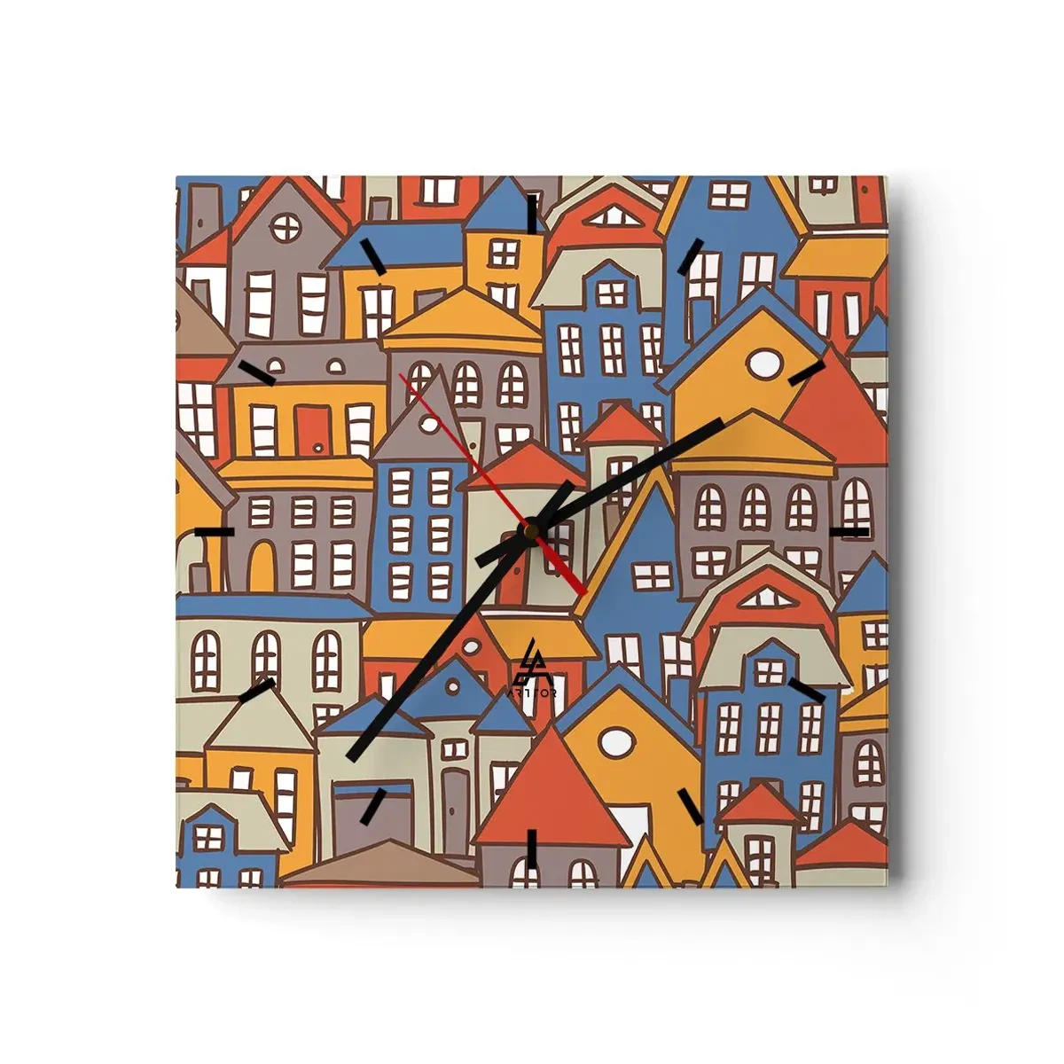 Zegar ścienny - Kolorowe domki w stylu graficznym na jasnym tle - 30x30cm - Za domem dom - Nowoczesna dekoracja ścienna do salonu i sypialni ARTTOR