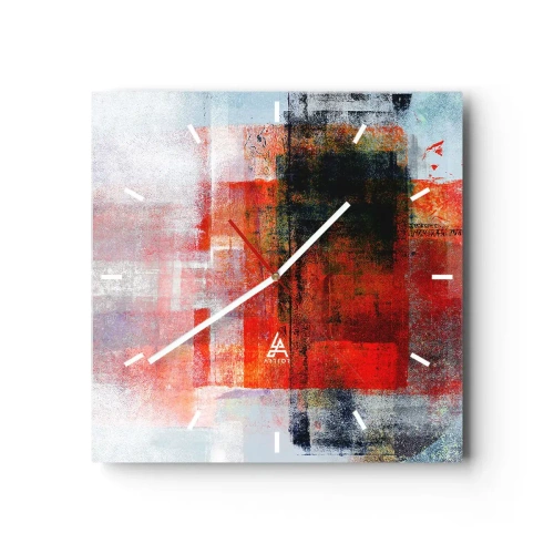 Zegar ścienny - Abstrakcyjna kompozycja geometryczna z czerwonymi i pomarańczowymi akcentami - 30x30cm - Kompozycja rozżarzona - Nowoczesna dekoracja ścienna do salonu i sypialni ARTTOR