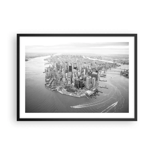 Plakat w czarnej ramie - Widok na Manhattan z lotu ptaka w czerni i bieli - 70x50cm - Jak nie pokochać? - Nowoczesna dekoracja ścienna do salonu i sypialni ARTTOR