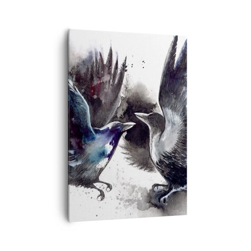 Obraz na płótnie - Artystyczne kruki w dynamicznej kompozycji akwarelowej - 70x100cm - Kruk krukowi… - Nowoczesna dekoracja ścienna do salonu i sypialni ARTTOR