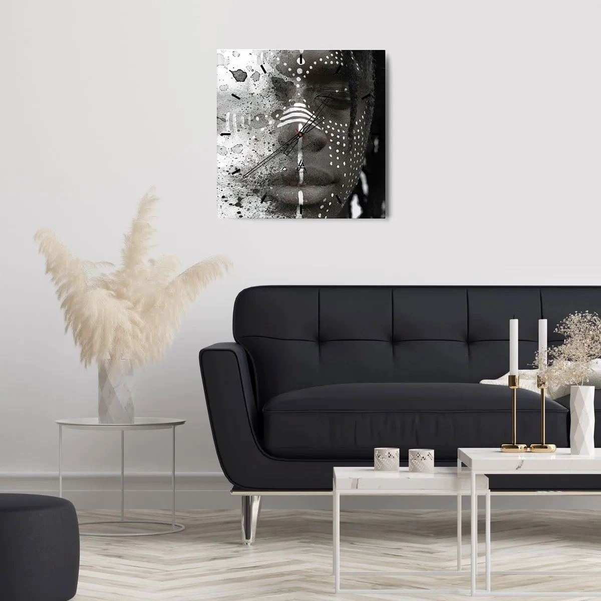 Zegar ścienny - Artystyczny portret twarzy z abstrakcyjnymi białymi wzorami - 30x30cm - Odkryj pierwotnego ducha - Nowoczesna dekoracja ścienna do salonu i sypialni ARTTOR