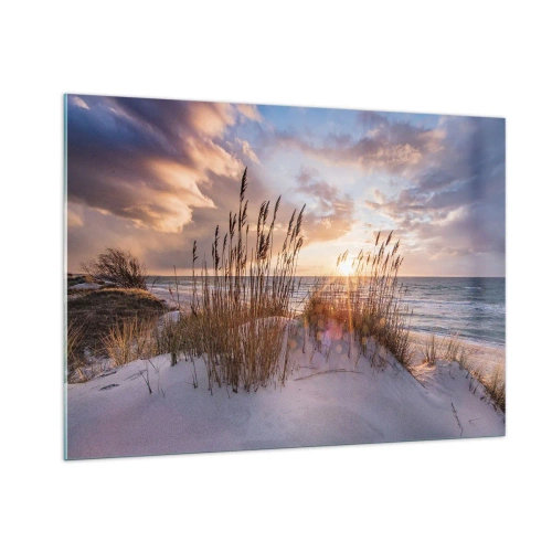 Obraz na szkle - Zachód słońca nad morzem widziany przez nadmorskie trawy - 100x70cm - Pożegnanie słońca i wiatru - Nowoczesna dekoracja ścienna do salonu, kuchni i sypialni ARTTOR