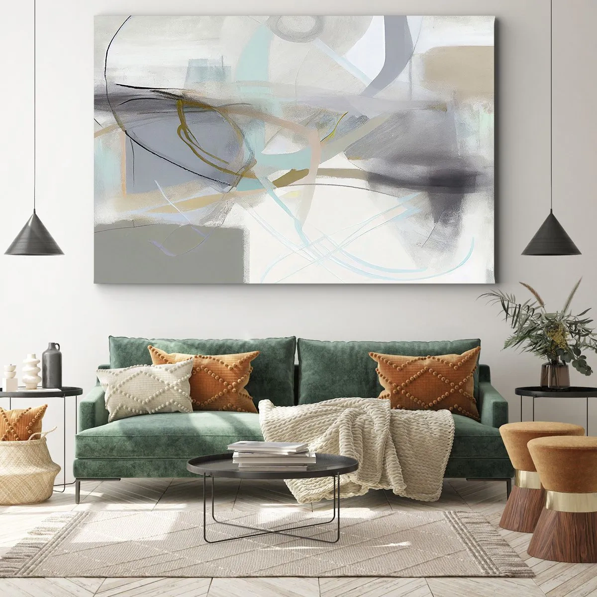 Obraz na płótnie - Pastelowa abstrakcja z delikatnymi liniami - 70x50cm - Abstrakcja zamglona - Nowoczesna dekoracja ścienna do salonu i sypialni ARTTOR