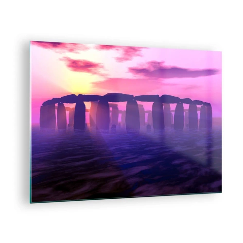 Obraz na szkle - Stonehenge w świetle różowego zachodu słońca - 70x50cm - Tajemnica o świcie we mgle - Nowoczesna dekoracja ścienna do salonu i sypialni ARTTOR