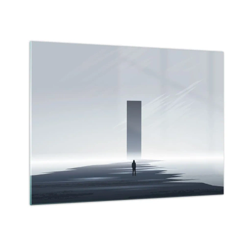 Obraz na szkle - Minimalistyczny pejzaż z postacią i monolitem w oddali - 70x50cm - Szansa czy zagrożenie? - Nowoczesna dekoracja ścienna do salonu i sypialni ARTTOR