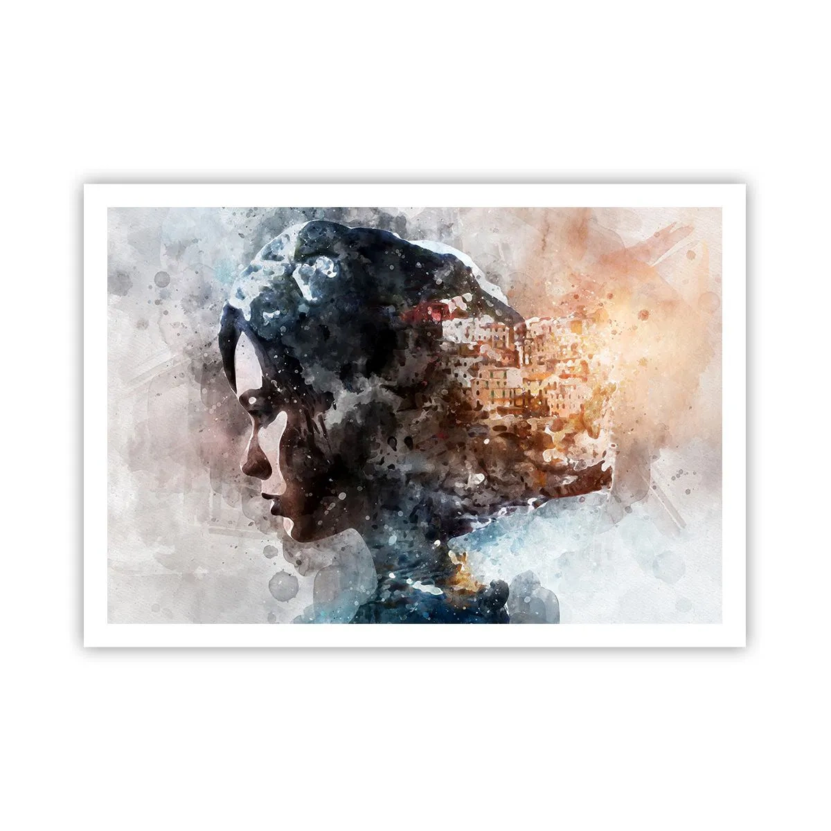 Plakat - Portret kobiety łączący twarz z miejskim krajobrazem w tle - 100x70cm - Opowieść o dziewczynie z miastem w tle - Nowoczesna dekoracja ścienna do salonu i sypialni ARTTOR