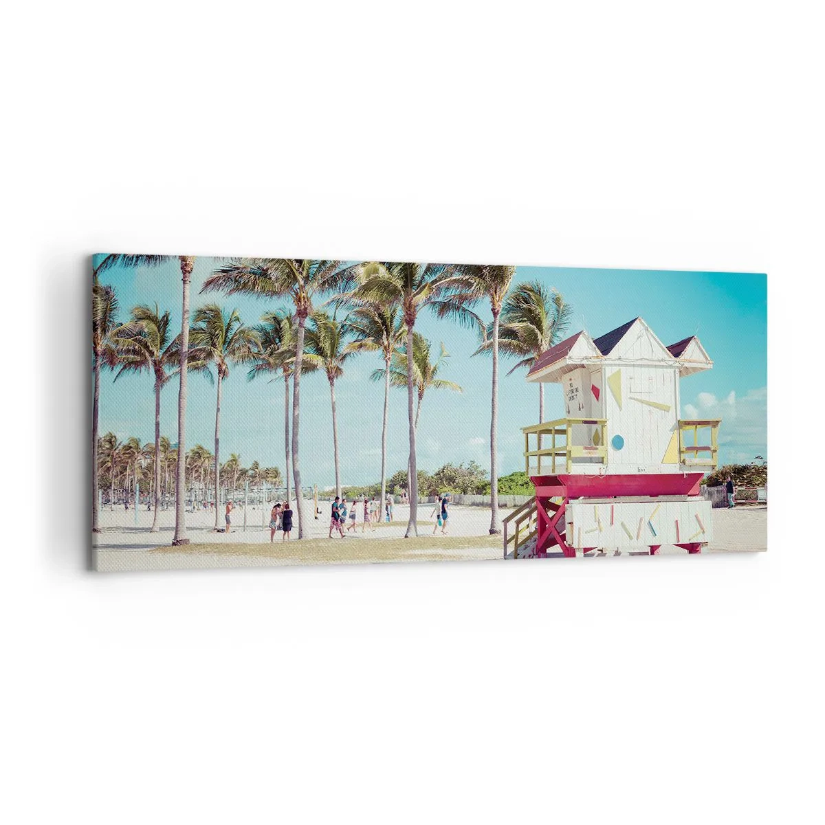 Obraz na płótnie - Plaża z palmami i wieżą ratowniczą w tle - 120x50cm - Przed tobą piękny dzień - Nowoczesna dekoracja ścienna do salonu i sypialni ARTTOR