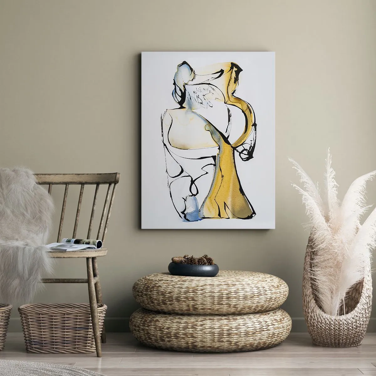 Obraz na płótnie - Abstrakcyjna kompozycja sylwetek w żółto-niebieskich odcieniach - 50x70cm - Abstrakcja szklana - Nowoczesna dekoracja ścienna do salonu, kuchni i sypialni ARTTOR