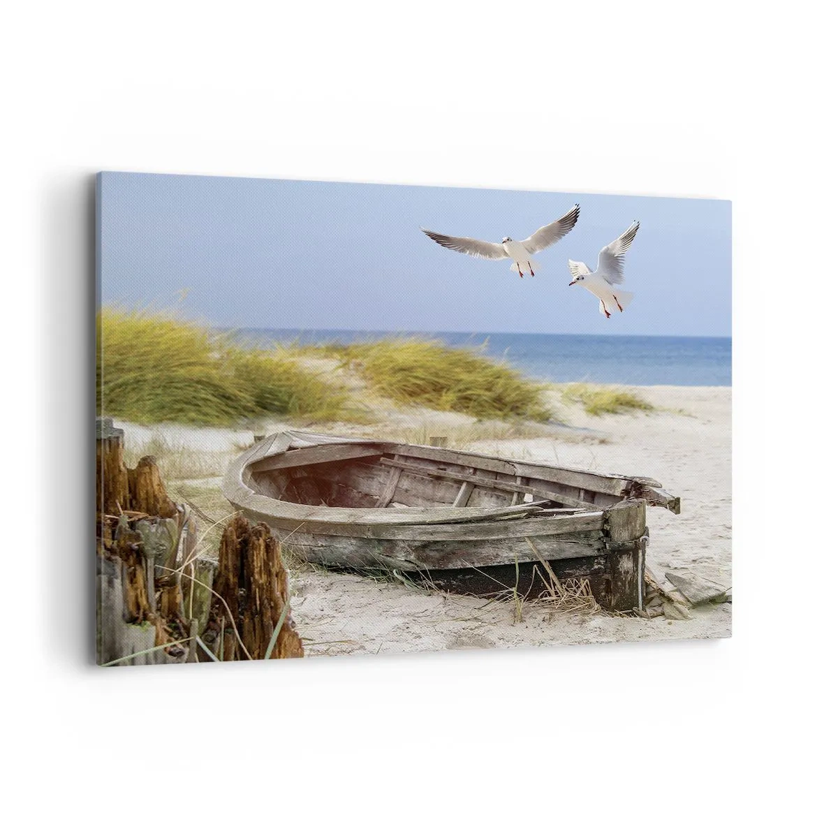 Obraz na płótnie - Porzucona łódka na plaży z mewami - 100x70cm - Skąpane wiatrem - Nowoczesna dekoracja ścienna do salonu, kuchni i sypialni ARTTOR