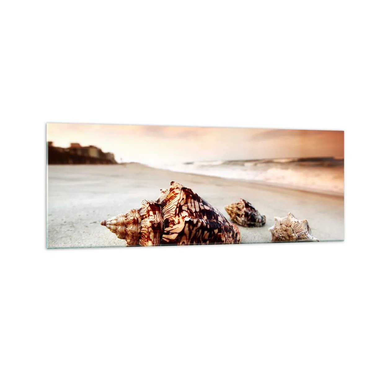 Obraz na szkle - Muszle na plaży o zachodzie słońca - 140x50cm - Wygnanki fal - Nowoczesna dekoracja ścienna do salonu i sypialni ARTTOR