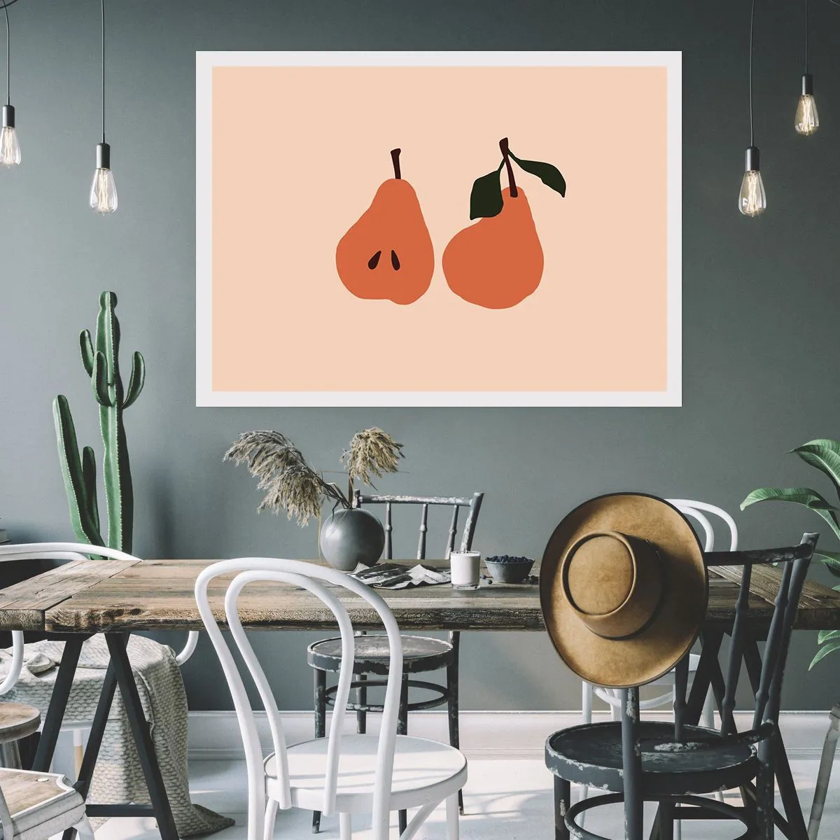 Plakat - Minimalistyczna ilustracja dwóch gruszek na beżowym tle - 100x70cm - Sama słodycz - Nowoczesna dekoracja ścienna do salonu i sypialni ARTTOR