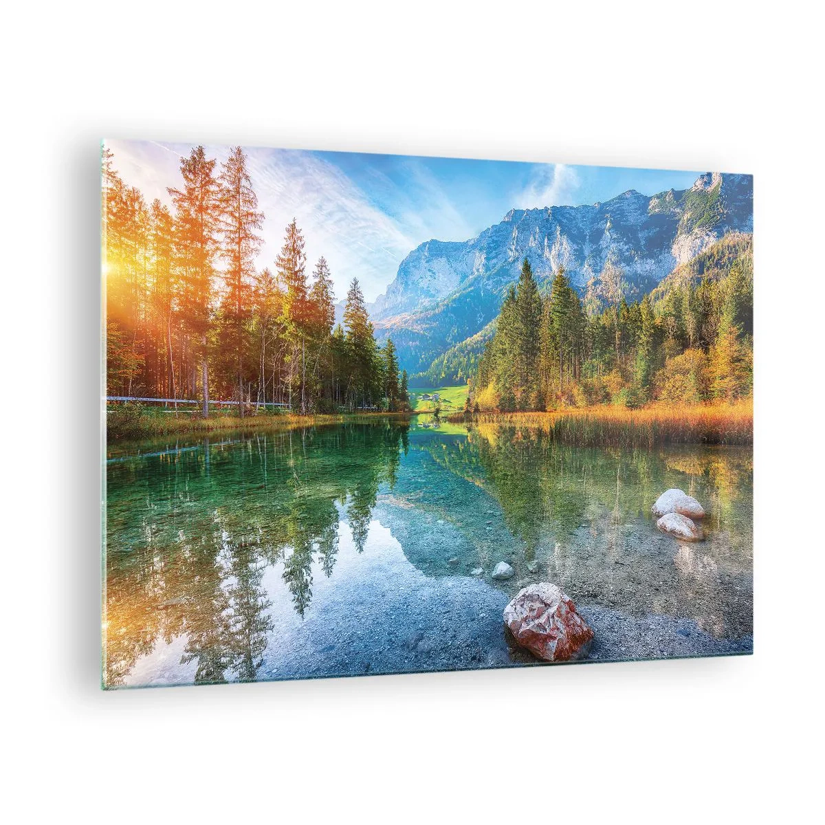 Obraz na szkle - Górskie jezioro otoczone lasem i majestatycznymi szczytami - 70x50cm - Łagodność jesieni - Nowoczesna dekoracja ścienna do salonu i sypialni ARTTOR