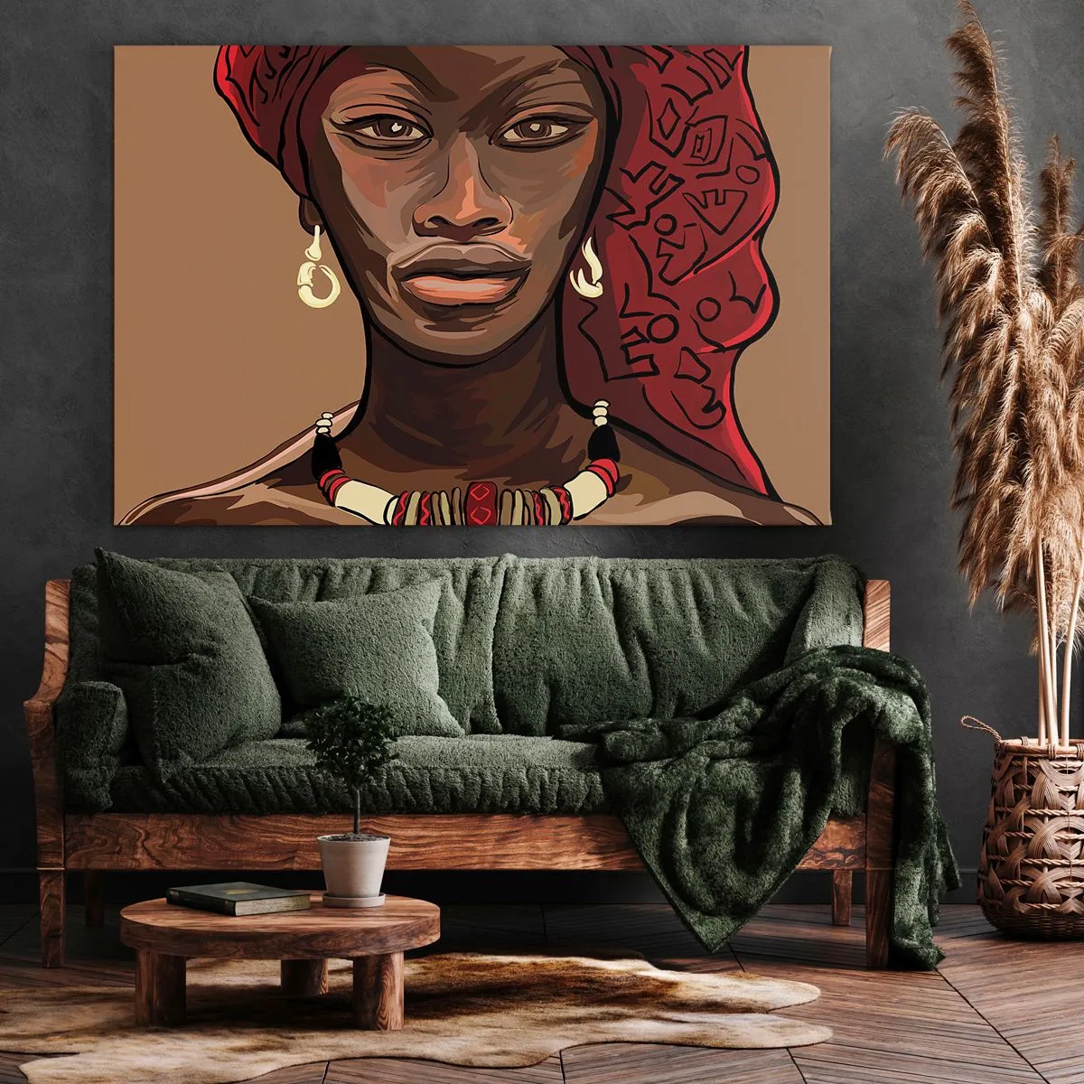 Obraz na płótnie - Portret kobiety z czerwonym turbanem na beżowym tle - 70x50cm - Hebanowa Wenus - Nowoczesna dekoracja ścienna do salonu i sypialni ARTTOR