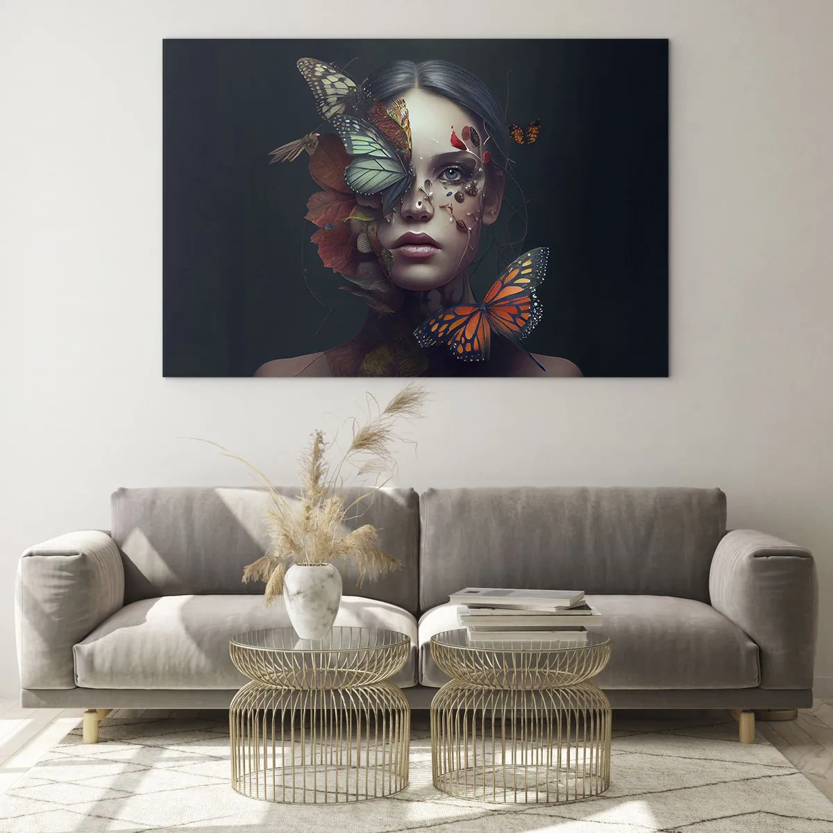 Obraz na szkle - Twarz kobiety z motylami i liśćmi w artystycznej kompozycji - 70x50cm - Cudowna metamorfoza - Nowoczesna dekoracja ścienna do salonu i sypialni ARTTOR