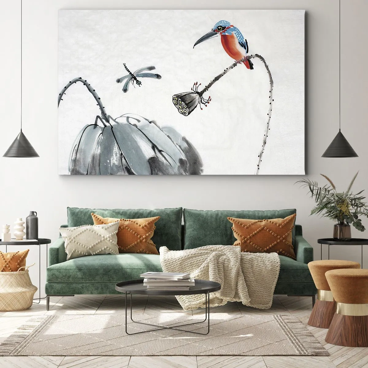Obraz na płótnie - Kolorowy ptak na tle roślinności i ważki - 70x50cm - Życie łąki - Nowoczesna dekoracja ścienna do salonu i sypialni ARTTOR