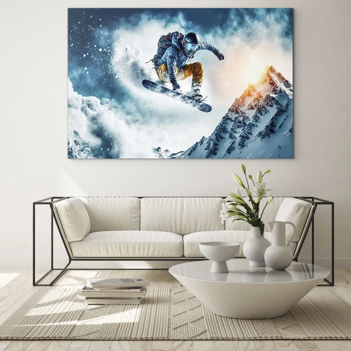 Obraz na szkle - Snowboardzista w locie nad ośnieżonymi górami - 70x50cm - Ekstremalne emocje - Nowoczesna dekoracja ścienna do salonu i sypialni ARTTOR