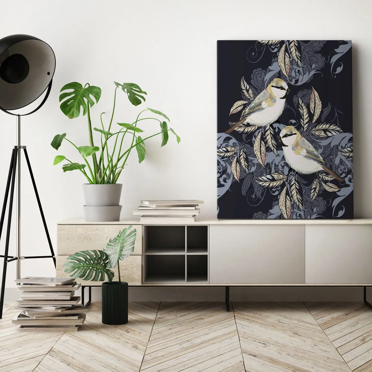 Obraz na płótnie - Dwa stylizowane ptaki wśród ozdobnych liści na ciemnym tle - 50x70cm - Żółto-błękitny trel - Nowoczesna dekoracja ścienna do salonu, kuchni i sypialni ARTTOR