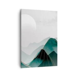 Obraz na płótnie - Abstrakcyjny pejzaż górski z księżycem i złotymi liniami - 70x100cm - W pełnym majestacie - Nowoczesna dekoracja ścienna do salonu i sypialni ARTTOR