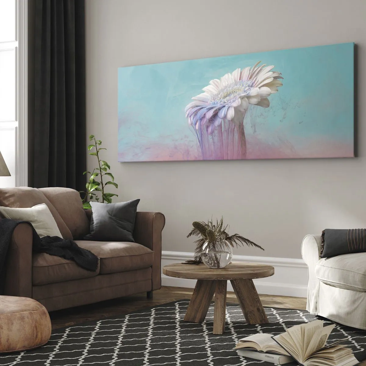 Obraz na płótnie - Pastelowa gerbera z efektem rozmycia - 160x50cm - Zaświaty kwiatów - Nowoczesna dekoracja ścienna do salonu i sypialni ARTTOR
