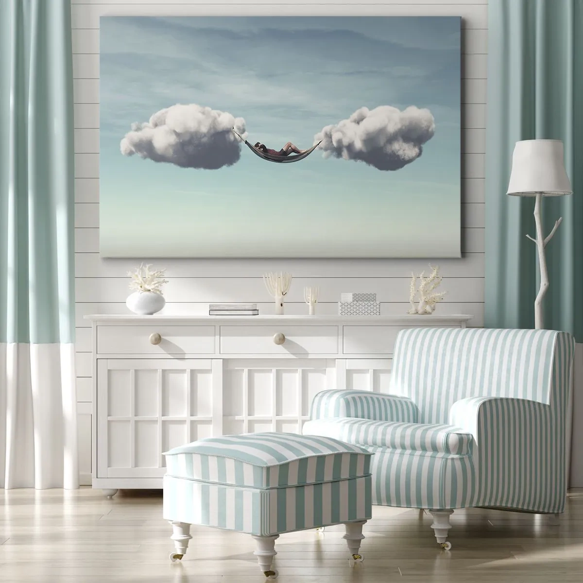 Obraz na płótnie - Osoba relaksująca się w hamaku zawieszonym na chmurach - 70x50cm - Błogość chwili - Nowoczesna dekoracja ścienna do salonu i sypialni ARTTOR