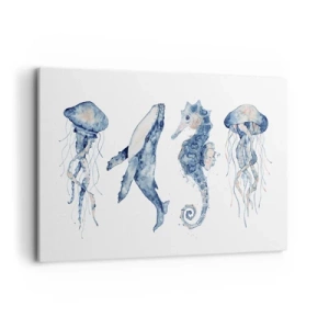 Obraz na płótnie - Meduzy, wieloryb i konik morski w akwarelowym stylu - 120x80cm - Morskie dziwy - Nowoczesna dekoracja ścienna do salonu, kuchni i sypialni ARTTOR