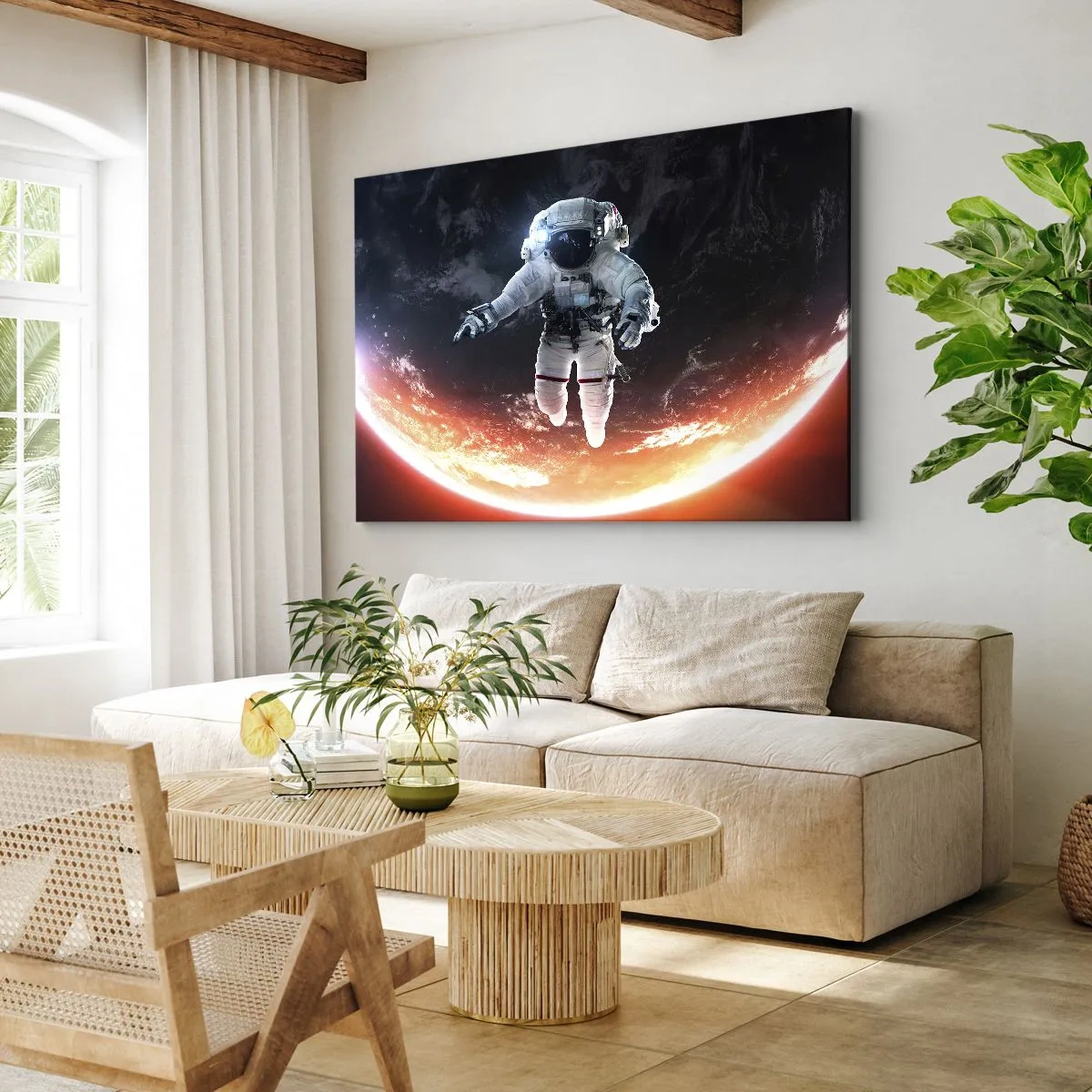 Obraz na płótnie - Astronauta unoszący się nad Ziemią oświetloną słońcem - 100x70cm - Mogę zostać jeszcze chwilę? - Nowoczesna dekoracja ścienna do salonu, kuchni i sypialni ARTTOR